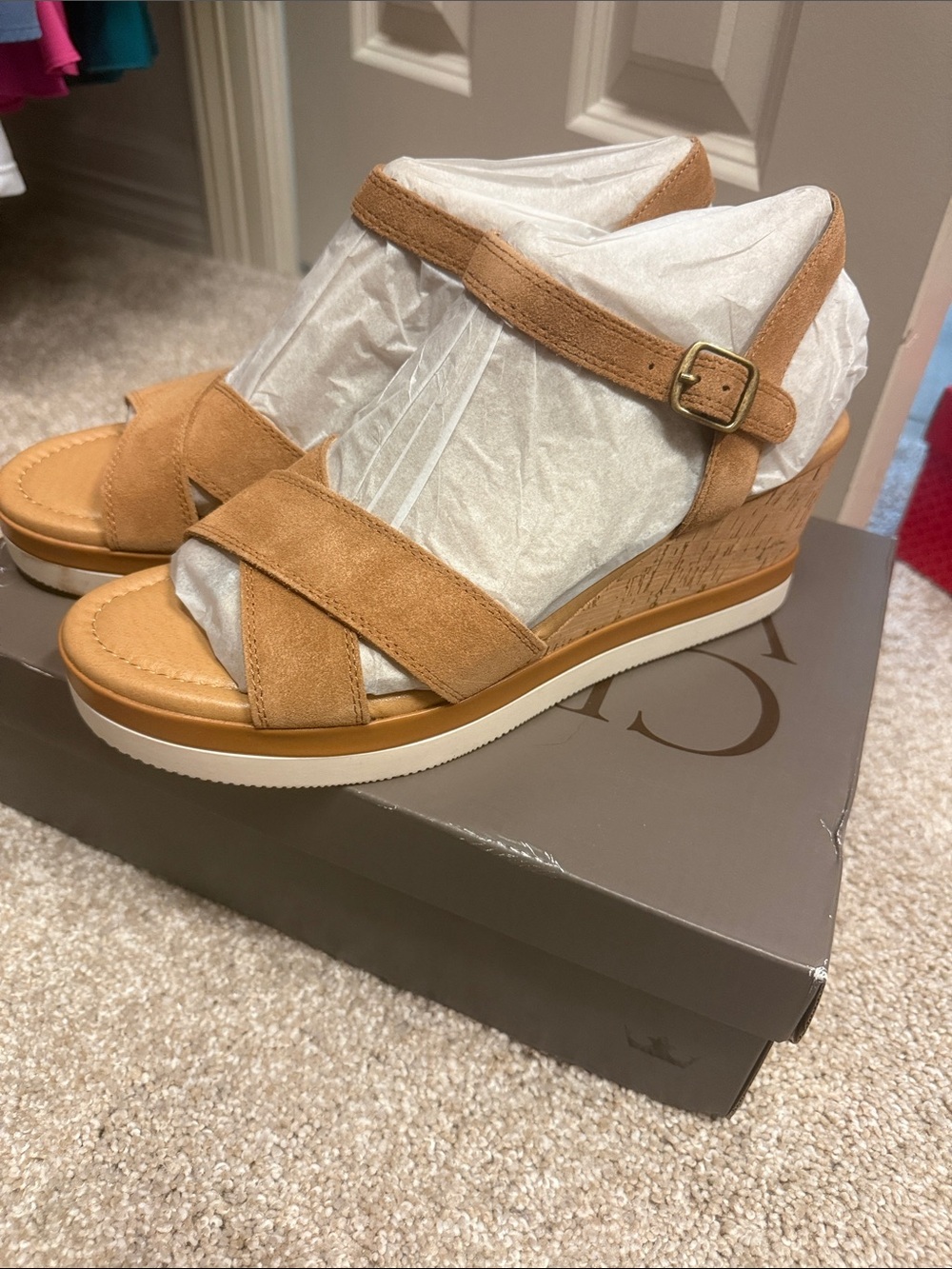 Crown Vintage Tan Suede Wedge Sandals with Ankle Buckle